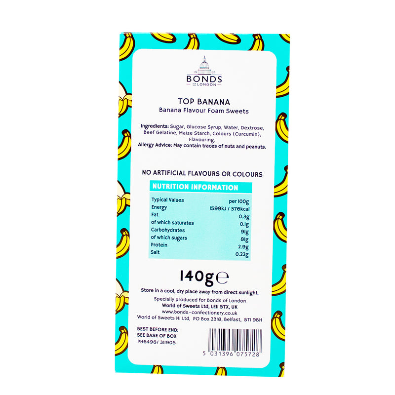 Bonds Gift Box Top Banana (UK) - 140g Nutrition Facts Ingredients - Bonds Top Banana Gift Box - British Candy for Valentine's Day - Banana-shaped Treats UK - Romantic Candy Layers - Love-themed Candy Collection - Bonds Candy UK - Unique Valentine's Day Sweets - Banana Bliss Delights - Sweet Moments Box - UK Candy - British Candy