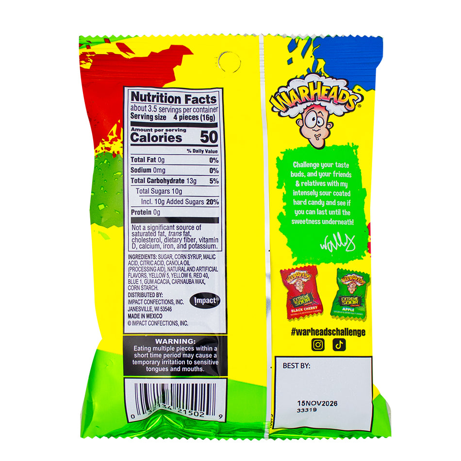 Warheads Extreme Sour Hard Candy Assorted 2oz  Nutrition Facts Ingredients