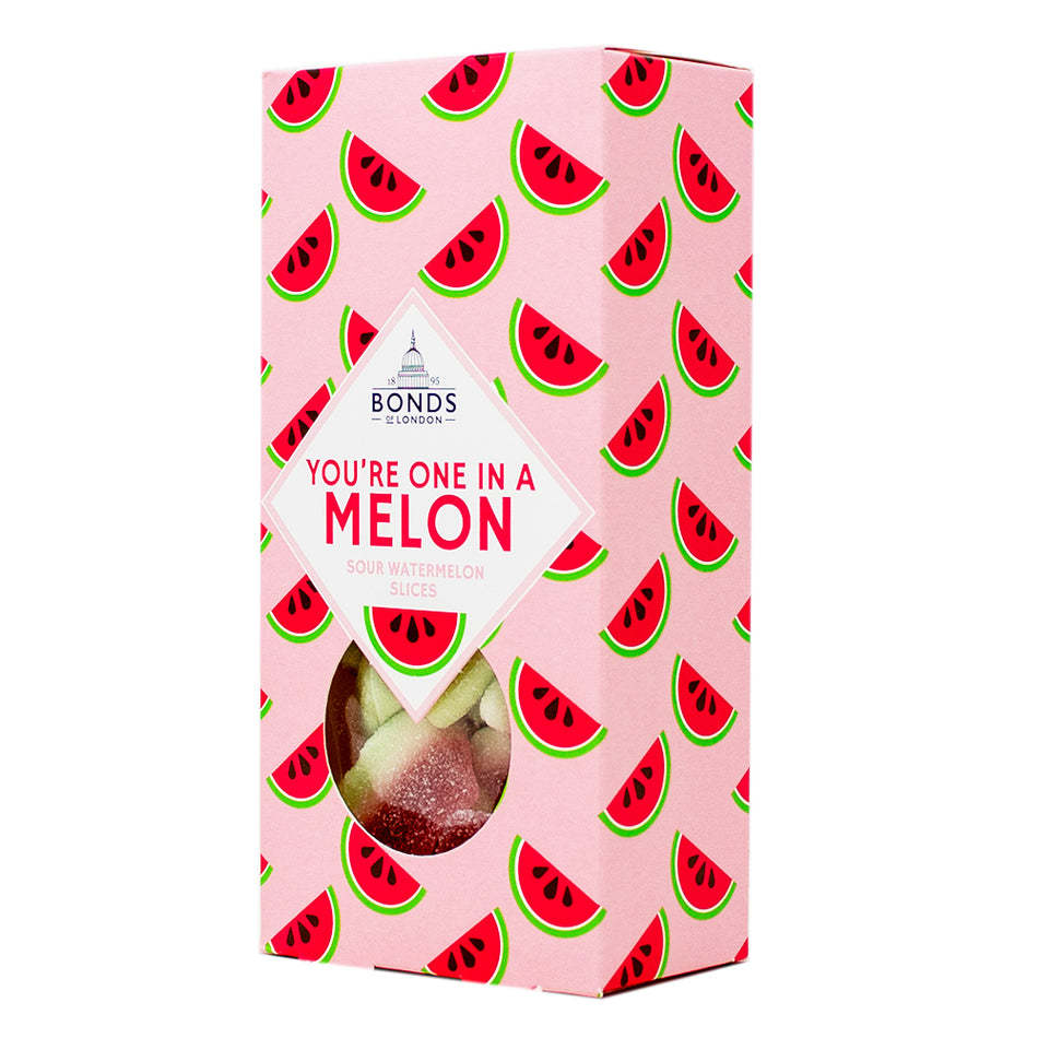 Bonds Gift Box You're One in a Melon (UK) - 160g - Bonds You're One in a Melon Gift Box - Juicy Valentine's Day Treats - Romantic Candy Ensemble - Love-themed Sweet Delights - Sweetheart's Candy Gift - Bonds Candy UK - Gourmet Watermelon-inspired Candies - Unique Valentine's Day Sweets - Heartfelt Candy Collection - Bonds Sweet Moments Box - British Candy - UK Candy
