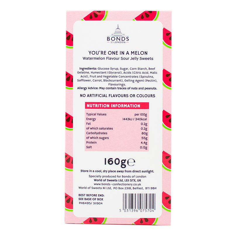 Bonds Gift Box You're One in a Melon (UK) - 160g Nutrition Facts Ingredients - Bonds You're One in a Melon Gift Box - Juicy Valentine's Day Treats - Romantic Candy Ensemble - Love-themed Sweet Delights - Sweetheart's Candy Gift - Bonds Candy UK - Gourmet Watermelon-inspired Candies - Unique Valentine's Day Sweets - Heartfelt Candy Collection - Bonds Sweet Moments Box - British Candy - UK Candy