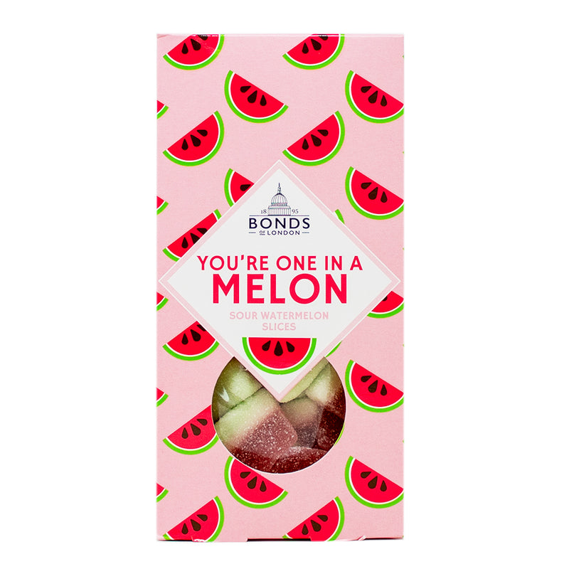 Bonds Gift Box You're One in a Melon (UK) - 160g - Bonds You're One in a Melon Gift Box - Juicy Valentine's Day Treats - Romantic Candy Ensemble - Love-themed Sweet Delights - Sweetheart's Candy Gift - Bonds Candy UK - Gourmet Watermelon-inspired Candies - Unique Valentine's Day Sweets - Heartfelt Candy Collection - Bonds Sweet Moments Box - British Candy - UK Candy