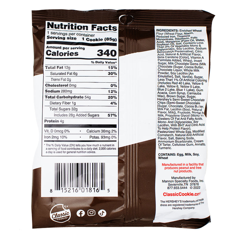 Classic Soft Baked Cookie M&M Chocolate Chip Nutrition Facts Ingredients