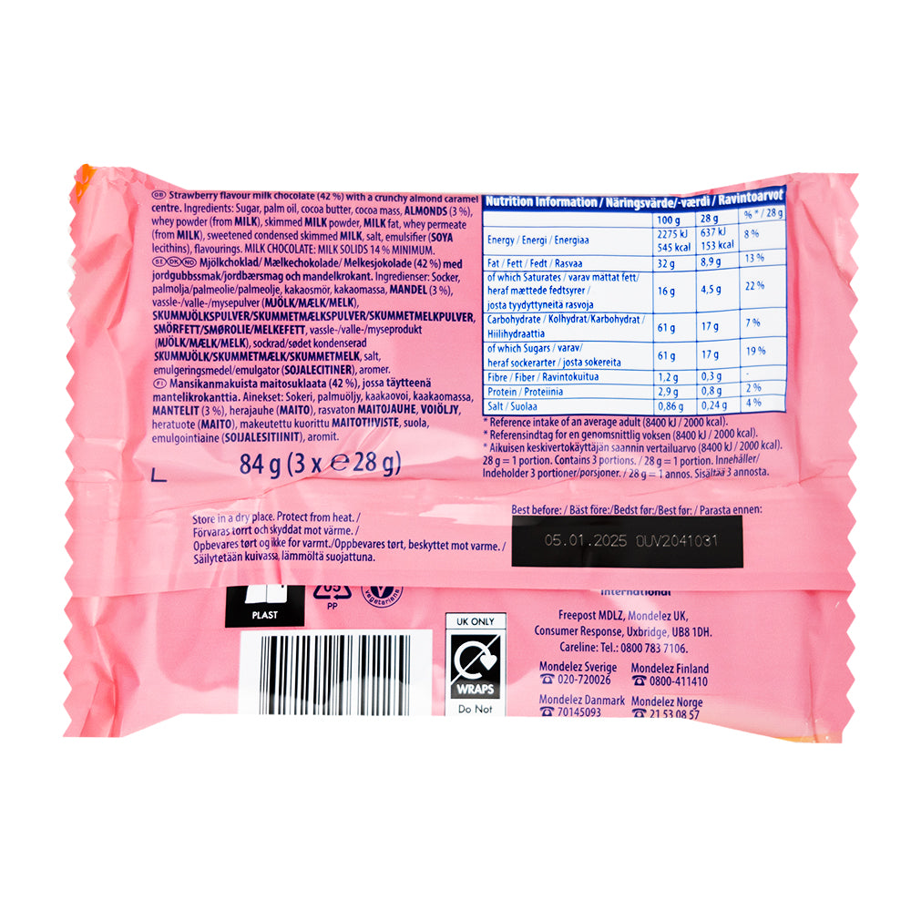 Cadbury Limited Edition Daim Strawberry 3pk (UK) - 84g   Nutrition Facts Ingredients - Cadbury - Cadbury Chocolate - Cadbury Daim - Cadbury Daim Strawberry - UK Chocolate - British Chocolate - Milk Chocolate