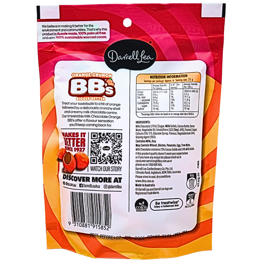 Darrell Lea Orange Crunch BB's Milk Chocolate 152g | Candy Funhouse ...