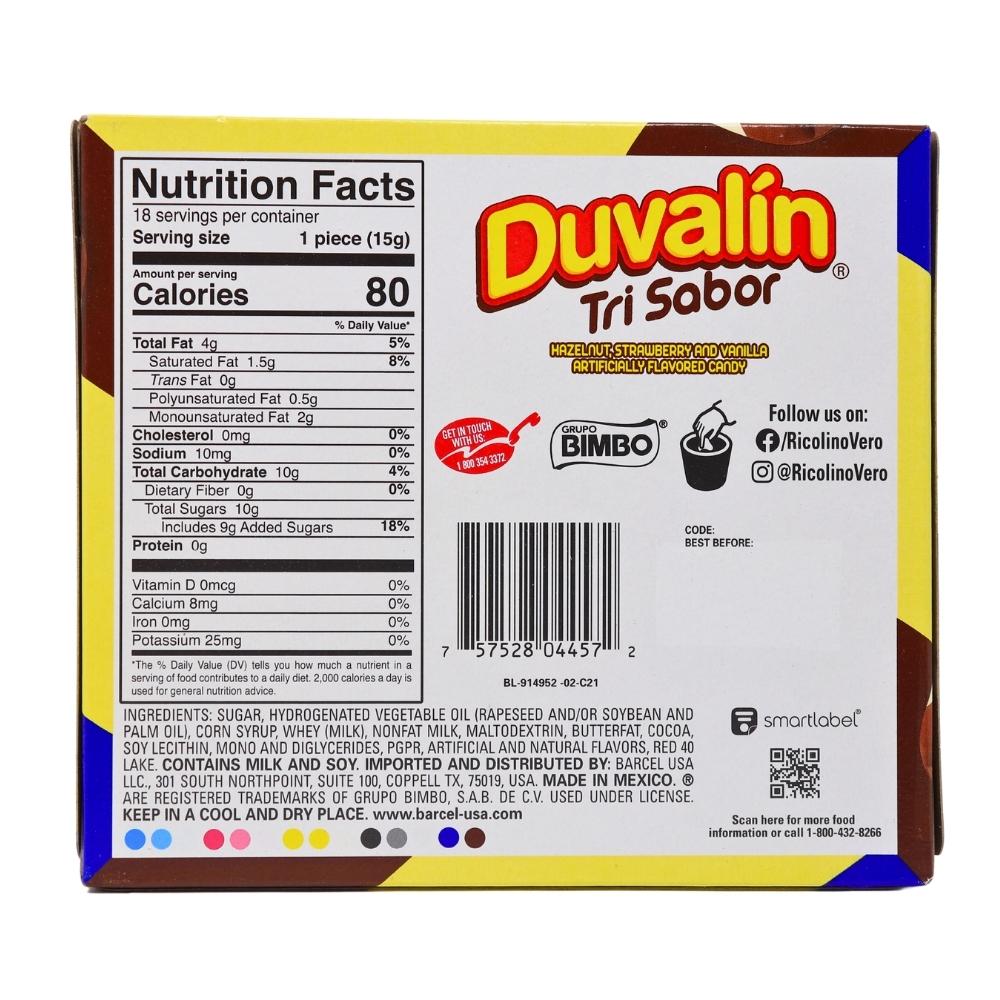 Duvalin Tri-Sabor Hazelnut Strawberry and Vanilla - 18ct Box Nutrition Facts Ingredients