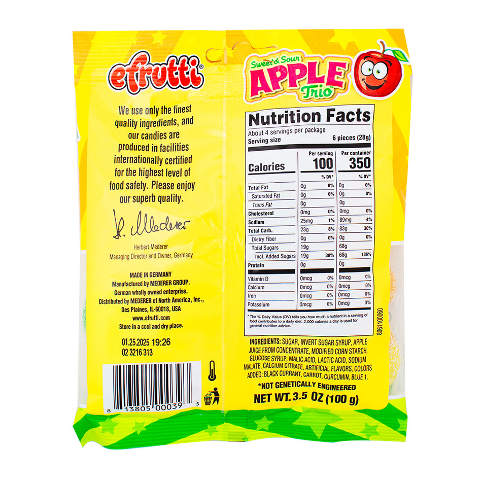 efrutti Apple Trio - 3.5oz Nutrition Facts Ingredients - efrutti - efrutti candy - efrutti gummy - gummy - gummies - sour candy - apple candy - sweet and sour candy - sour gummies - sweet and sour gummies