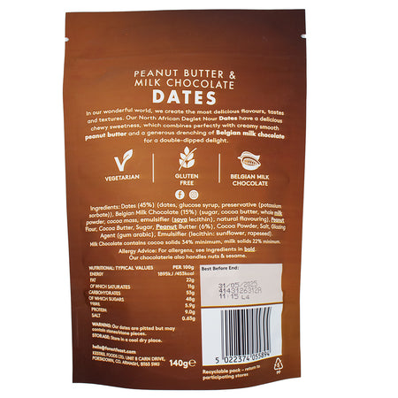 Forest Feast Peanut Butter & Milk Chocolate Dates (UK) - 140g  Nutrition Facts Ingredients - Forest Feast - Peanut Butter Snacks - Dates - Chocolate Covered Dates - Chocolate Dates - UK Snacks - UK Chocolate - British Chocolate - British Snacks