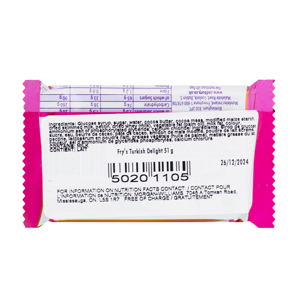 Fry's Turkish Delight (UK) - 51g  Nutrition Facts Ingredients