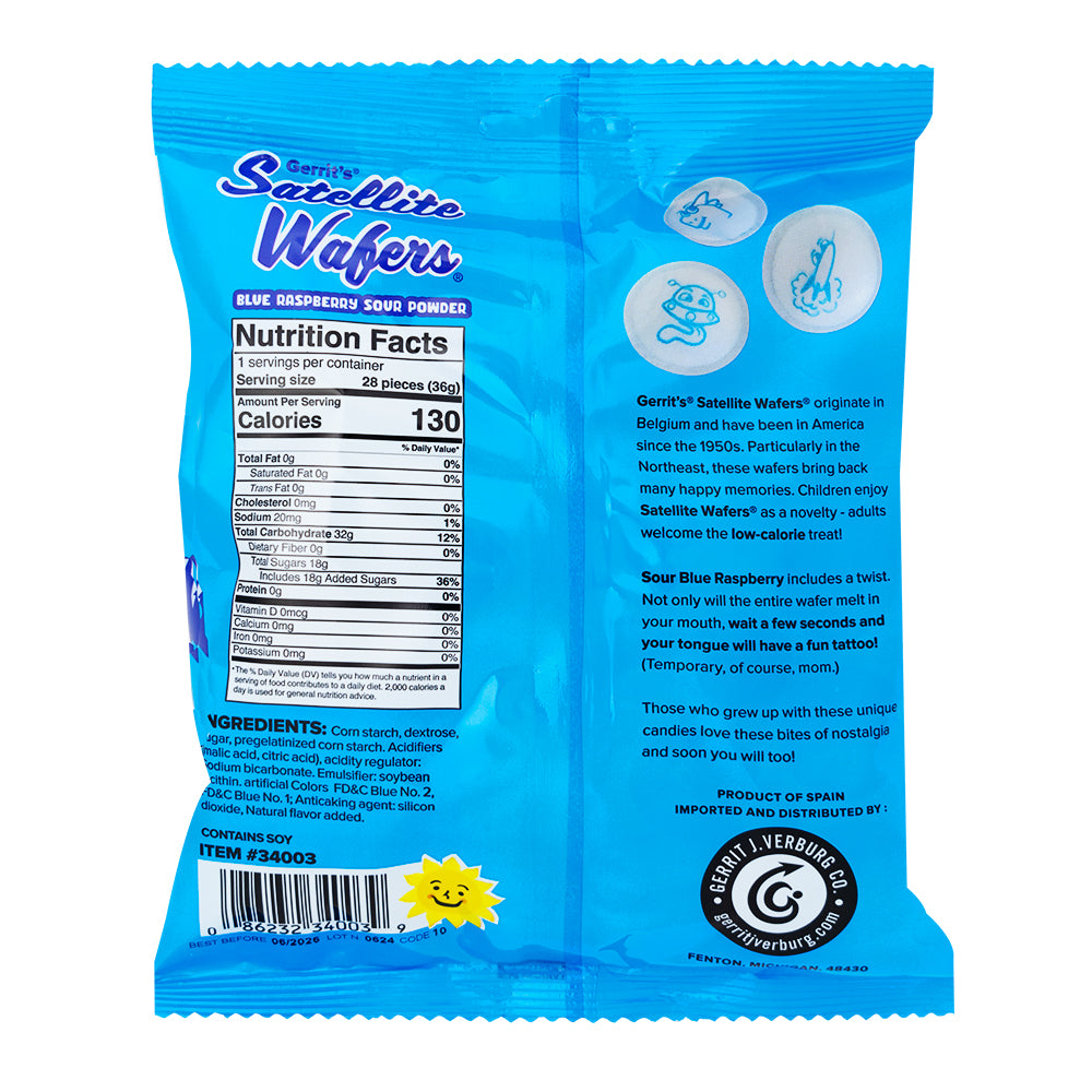 Gerrit's Blue Raspberry Satellite Wafers With Tongue Tattoo - 36g  Nutrition Facts Ingredients
