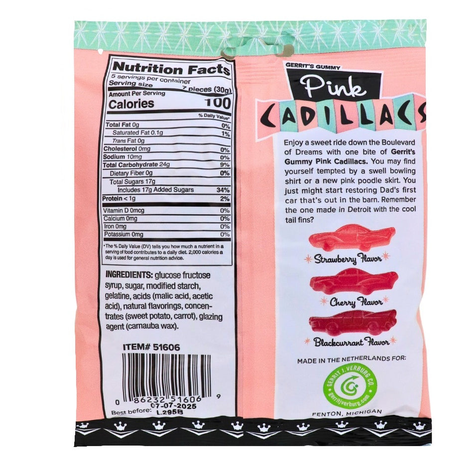 Gerrit's Pink Cadillacs Gummy Candy - 150g Nutrient Facts Ingredients
