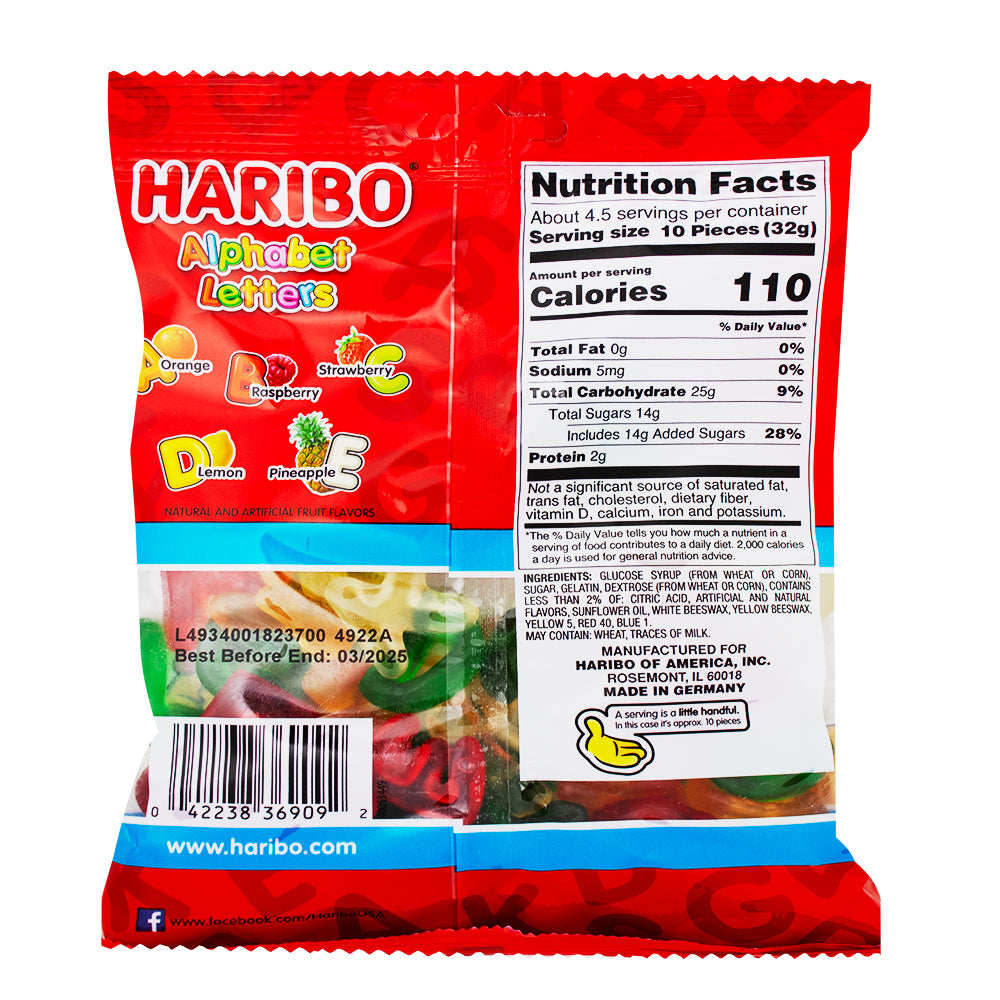 Haribo Alphabet Letters Gummi Candy - 5oz  Nutrition Facts Ingredients