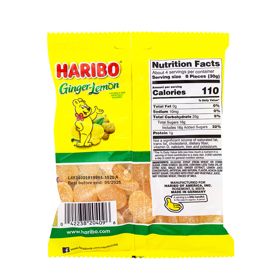 Haribo Ginger Lemon Candy - 4oz.  Nutrition Facts Ingredients