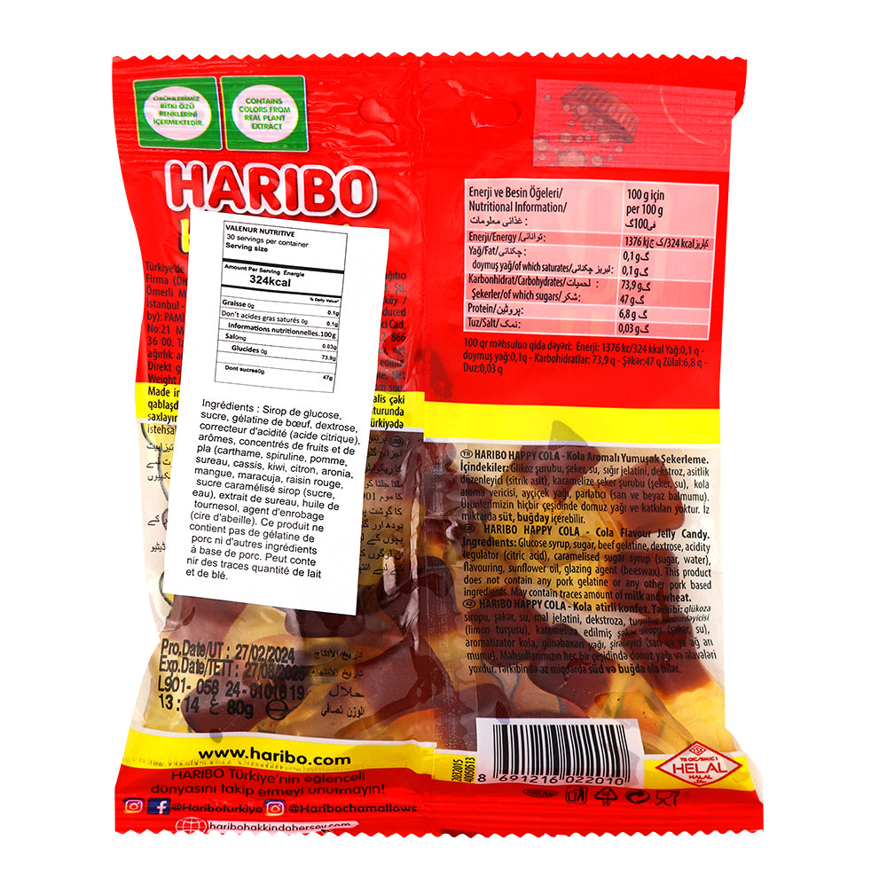 Haribo Halal Happy Cola - 80g  Nutrition Facts Ingredients
