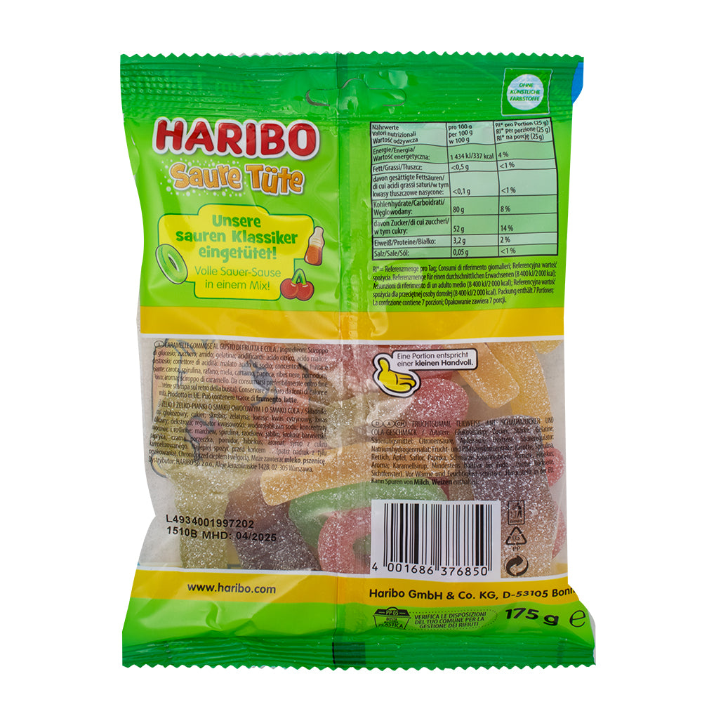 Haribo Sour Tute (Germany) -175g  Nutrition Facts Ingredients