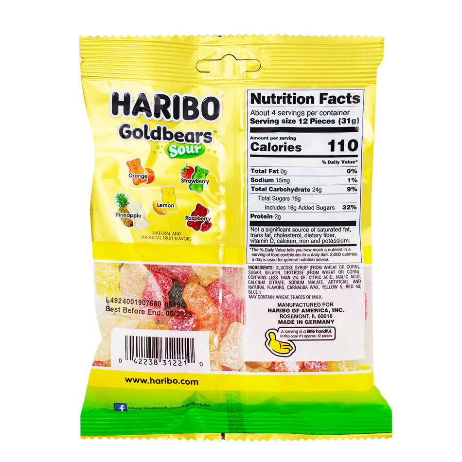 Haribo Sour Gold Bears Gummi Candy - 4.5 oz.  Nutrition Facts Ingredients