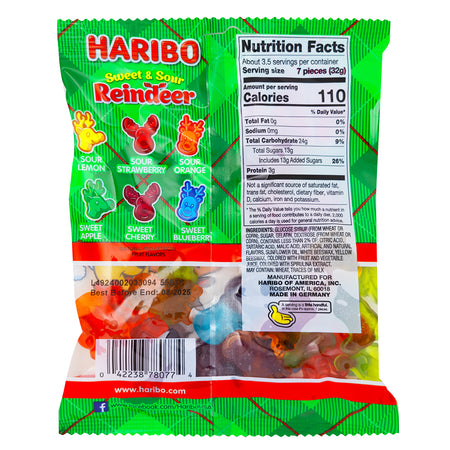 Haribo Sweet & Sour Reindeer - 4oz  Nutrition Facts Ingredients
