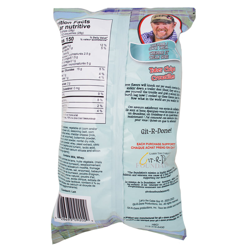 Larry The Cable Guy Tater Chips Cheddar & Sour Cream - 3.5oz Nutrition Facts Ingredients - Larry The Cable Guy - Larry The Cable Guy Chips - Potato Chips - Cheddar Chips - Sour Cream Chips - Cheddar and Sour Cream Chips