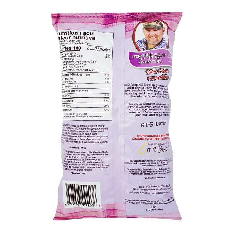 Larry The Cable Guy Tater Chips Everything But The Kitchen Sink All Dressed - 3.5oz  Nutrition Facts Ingredients - Larry The Cable Guy Tater Chips - Everything But The Kitchen Sink - All Dressed chips - Flavour explosion snacks - Savoury potato chips - Tangy vinegar chips - Zesty BBQ flavour - Bold taste sensations - Crunchy snack chips - Flavour-packed potato chips