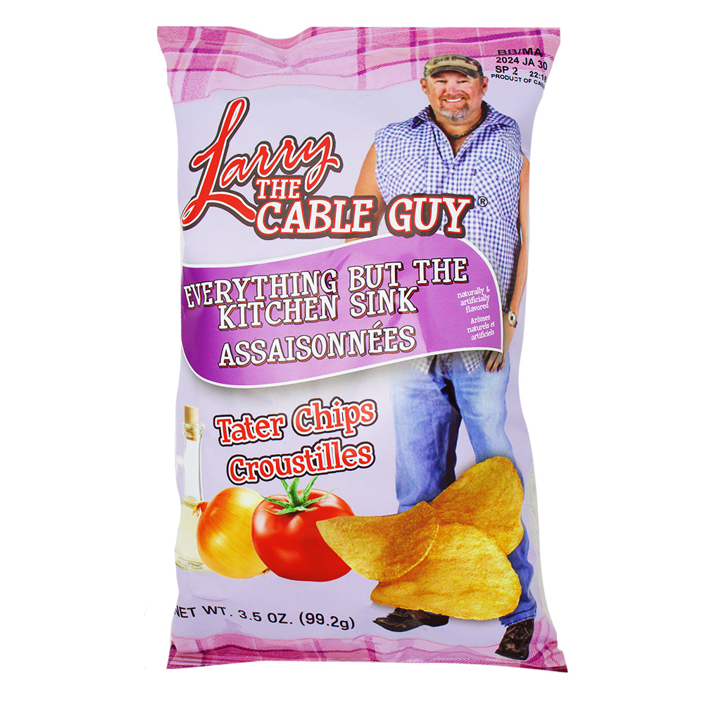 Larry The Cable Guy Tater Chips Everything But The Kitch Sink All Dressed - 3.5oz - Larry The Cable Guy Tater Chips - Everything But The Kitchen Sink - All Dressed chips - Flavour explosion snacks - Savoury potato chips - Tangy vinegar chips - Zesty BBQ flavour - Bold taste sensations - Crunchy snack chips - Flavour-packed potato chips