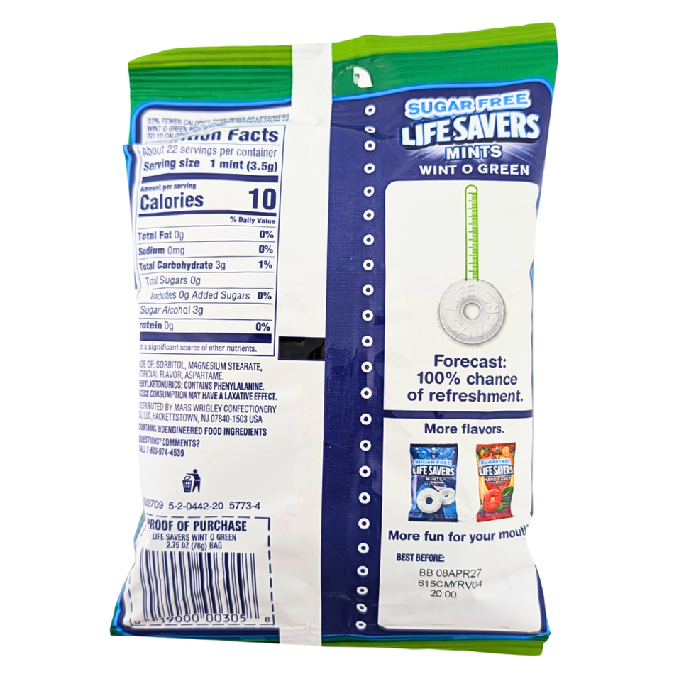 Lifesavers Wint-O-Green No Sugar Added Hard Candies - 78g