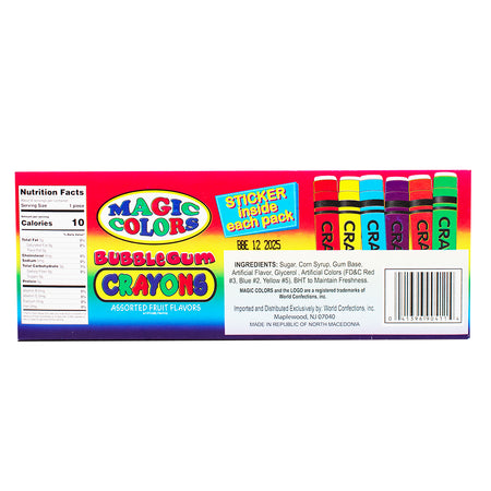 Worlds Magic Colors Bubble Gum Crayons Nutrition Facts Ingredients