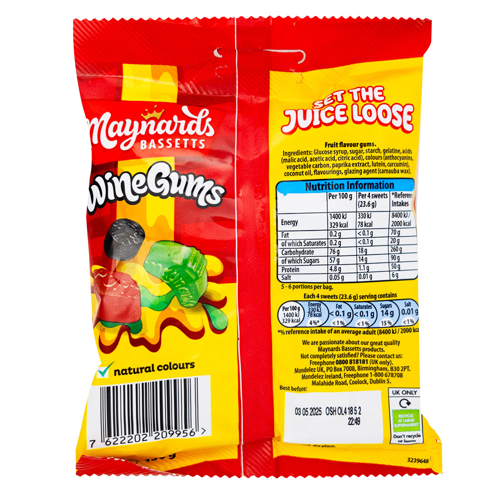 Maynards Bassetts Wine Gums (UK) - 130g Nutrition Facts Ingredients