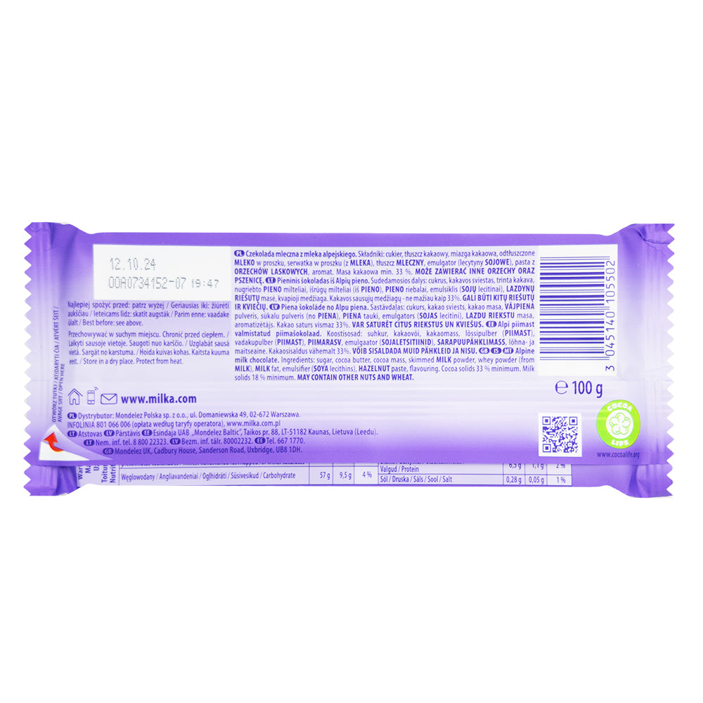 Milka Alpine Milk Chocolate Bar  Nutrition Facts Ingredients
