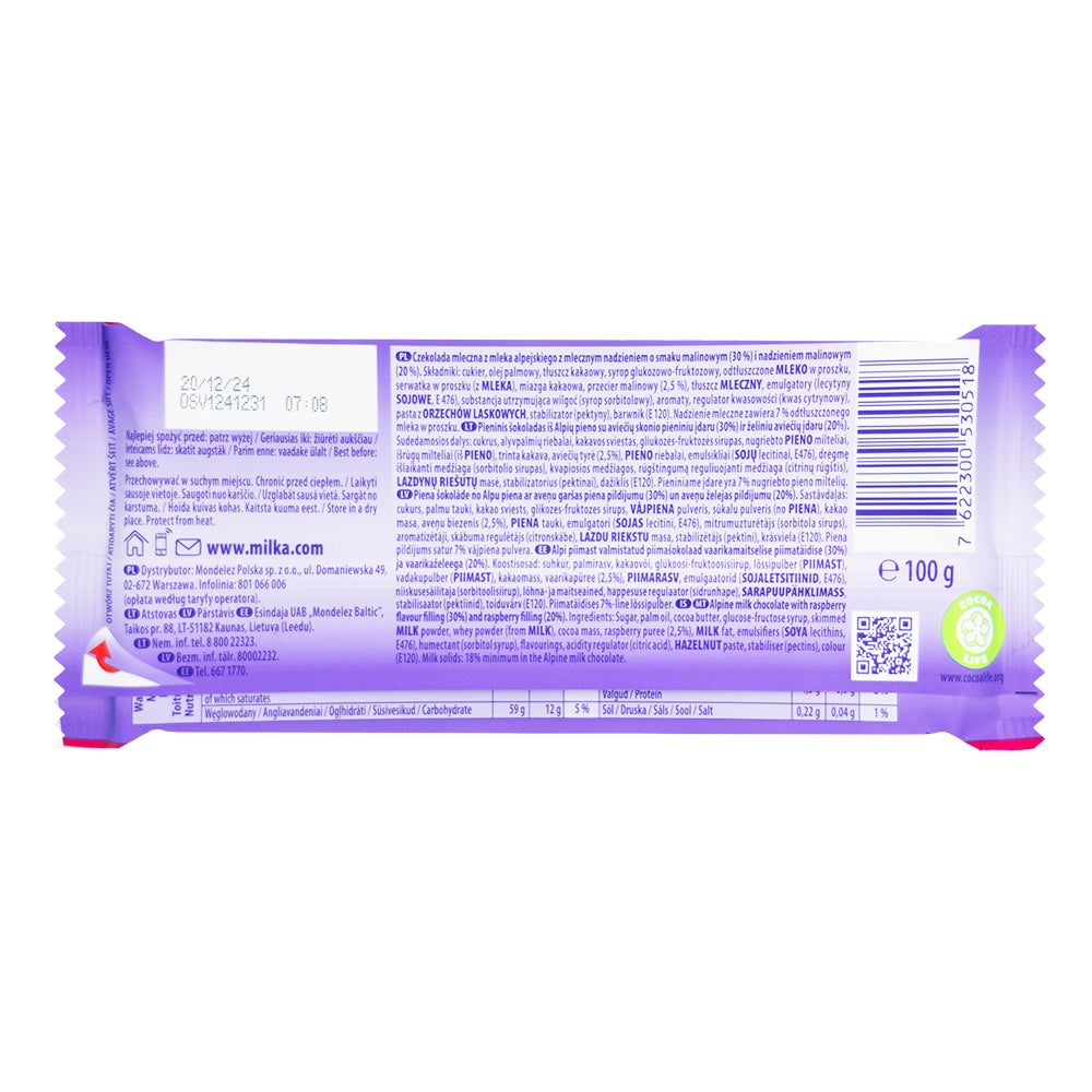 Milka Raspberry Creme Chocolate Bar - 100g  Nutrition Facts Ingredients
