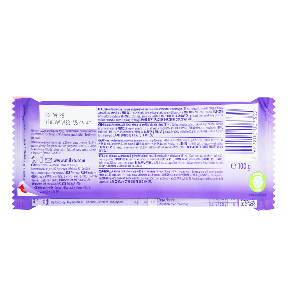 Milka Strawberry Chocolate Bar - 100g  Nutrition Facts Ingredients