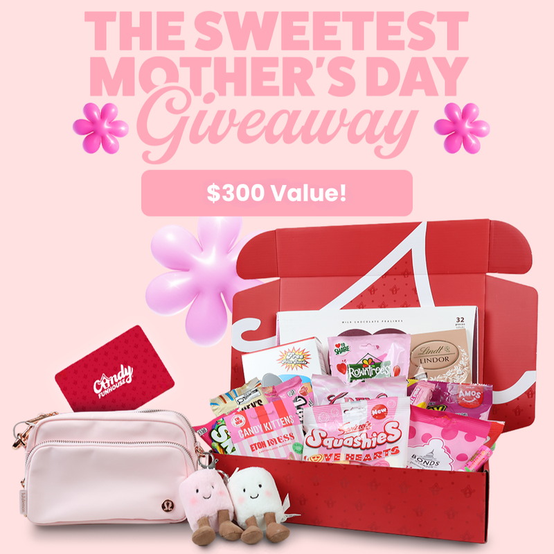 Promotional image for a Mother's Day giveaway with a red gift box, white pouch, and small plush toys on a pink background.