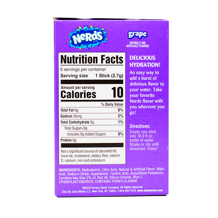 Nerds On The Go Zero Sugar Grape Drink Mix - 16.2g Nutrition Facts Ingredients