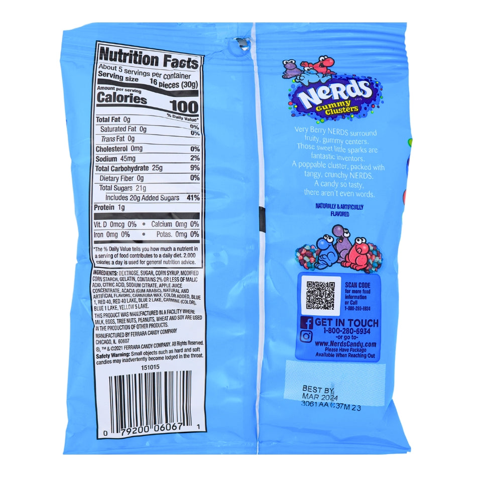 Nerds Fummy Clusters Very Berry - 5oz Nutrition Facts Ingredients - Nerds Candy - Gummy Candy - Wonka