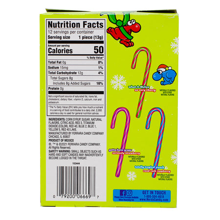 Nerds Candy Canes - 12 CT Nutrition Facts Ingredients - Nerds Candy Canes - Fruity Flavoured Candy Canes - Holiday Sweet Treats - Christmas Candy for Kids - Festive Candy Canes - Stocking Stuffer Sweets - Colourful Candy Canes - Unique Holiday Candy