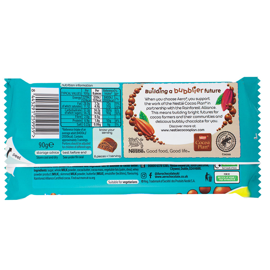 Aero Chocolate Hazelnut Sharing Bar (UK) - 90g  Nutrition Facts Ingredients