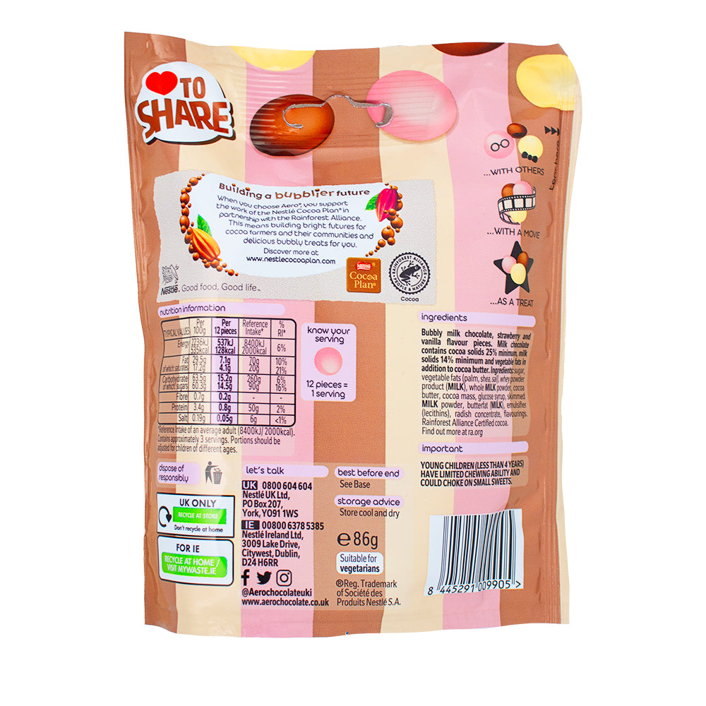 Aero Melts Neapolitan Ice Cream Chocolate (UK) - 86g  Nutrition Facts Ingredients - Aero - Aero Chocolate - Aero Chocolate Bar - Aero Melts Neapolitan Ice Cream - Ice Cream Flavour