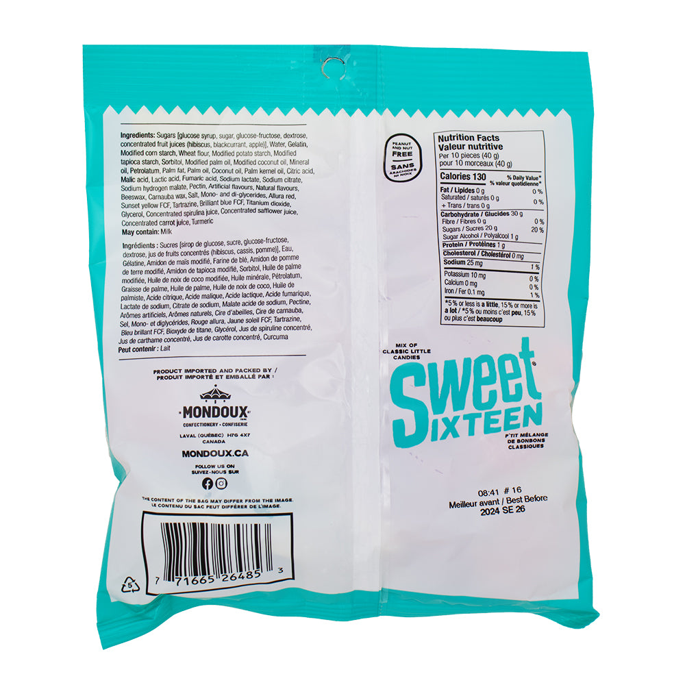 Sweet Sixteen Original - 185g Nutrition Facts Ingredients - Canadian Candy - Mondoux Candy - Sour Candy - Retro Candy - Chewy Candy