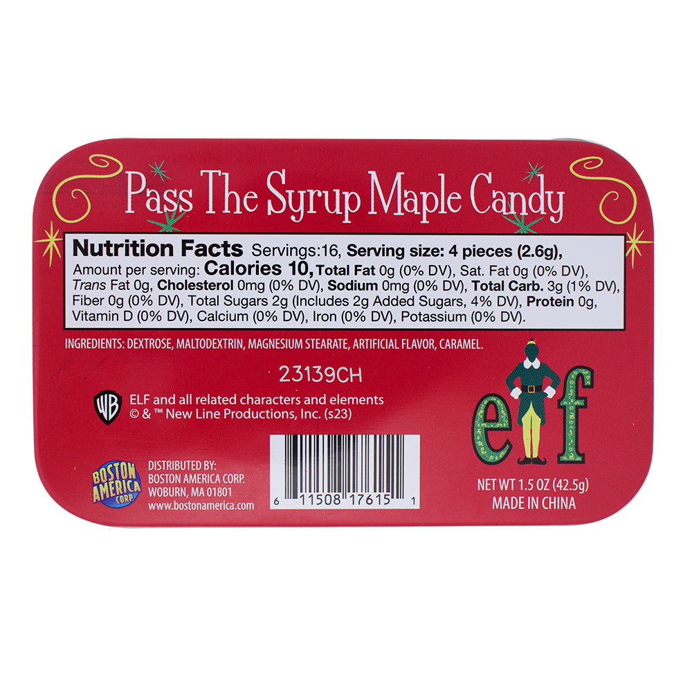 Elf - Pass The Syrup Maple Candy Tin Nutrition Facts Ingredients - Elf Pass The Syrup Maple Candy Tin - Christmas Maple Candy - Elf-approved Holiday Treats - North Pole Candy Delights - Festive Maple Flavour - Christmas Candy - Christmas Treats