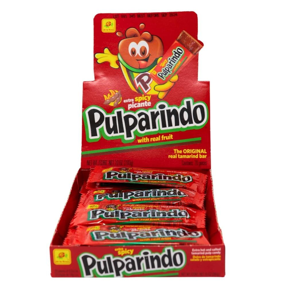 De La Rosa Pulparindo Tamarind Candy Extra Spicy - 20ct Box - Spicy Candy - Chewy Candy - Mexican Candy