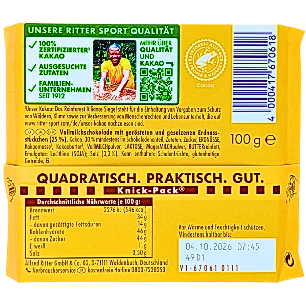 Ritter Sport Milk Chocolate with Roasted Peanut (Germany) - 100g