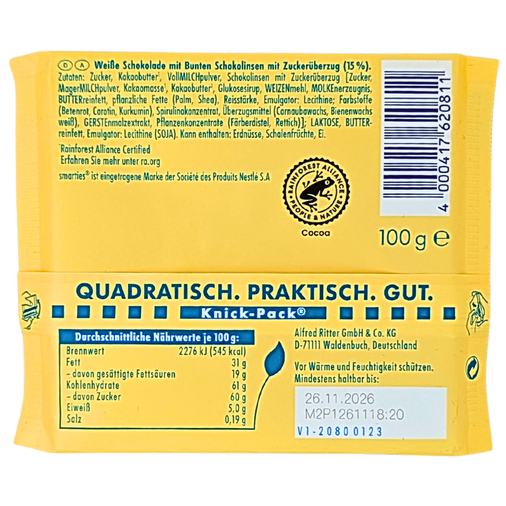 Ritter Sport Milk Chocolate with Smarties (Germany) - 100g