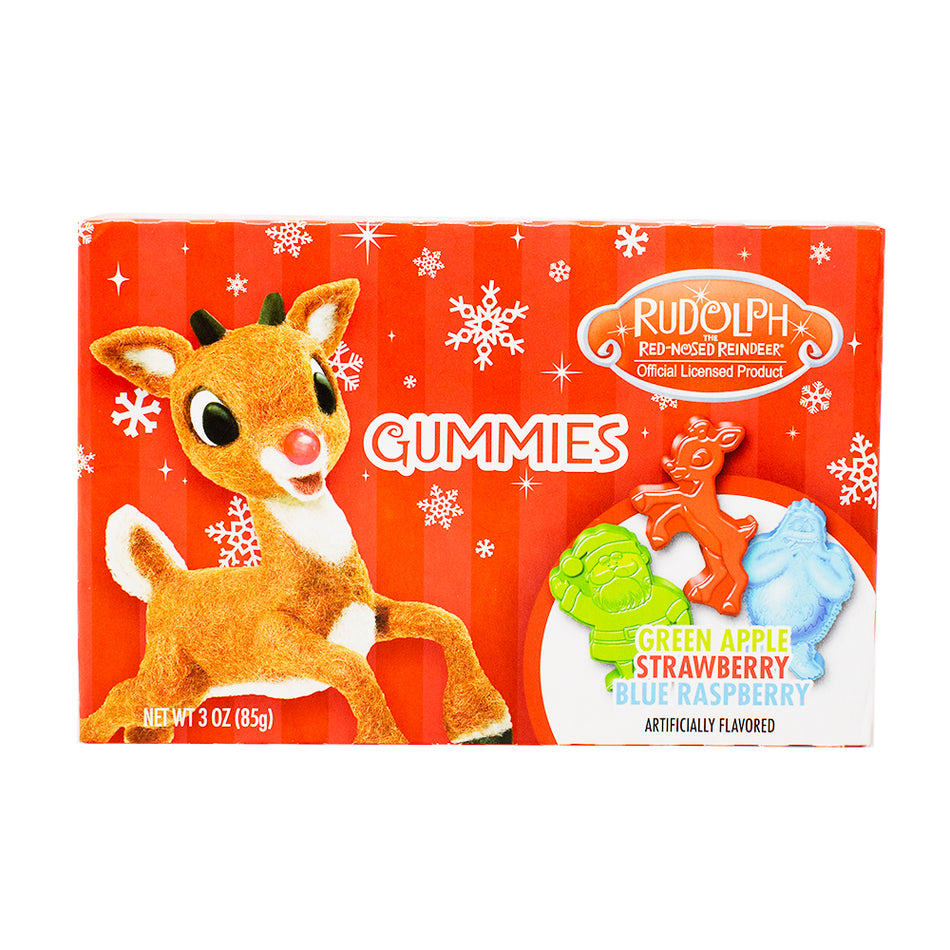 Rudolph Gummy Theater Box - 3oz - Rudolph gummy candy - Holiday theater box - Festive gummies - Christmas candy - Reindeer-shaped gummies - Fruity flavours - Holiday cheer - Festive snacking - Christmas treats - Gummy candy for the holidays