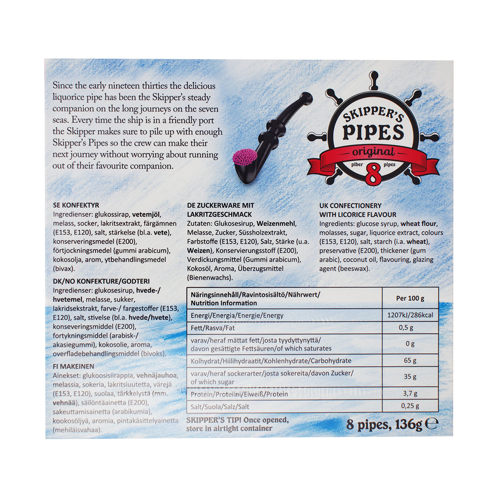 Skippers Pipes Original 8 - 136g Nutrition Facts Ingredients - Skippers Pipes - Skippers Licorice - Black Licorice - Skippers Pipes Original Black Licorice