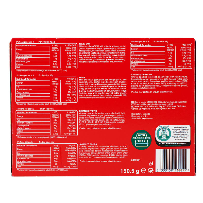 Skittles & Friends Christmas Selection Box - 150g Nutrition Facts Ingredients - Skittles Christmas Selection Box - Holiday candy assortment - Festive fruity treats - Christmas candy gift - Skittles and friends flavours - Colourful holiday sweets - Christmas stocking stuffer - Festive candy box - Holiday candy joy - Seasonal candy assortment - Skittles Candy - Skittles - Mars Bar - Milky Way Bar 