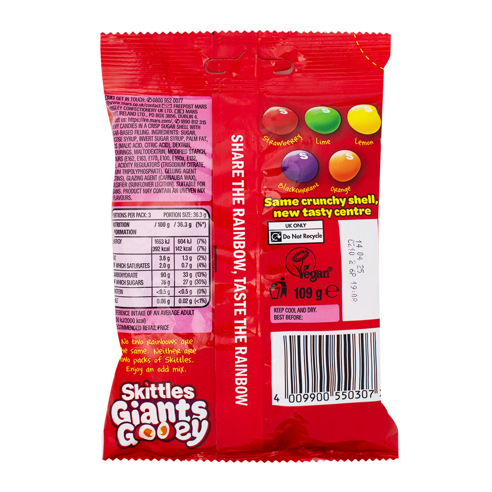 Skittles Giants Gooey Candy (UK) - 109g  Nutrition Facts Ingredients - Skittles - Skittles Candy - Skittles Giants - Skittles Gooey Candy - British Candy - UK Candy