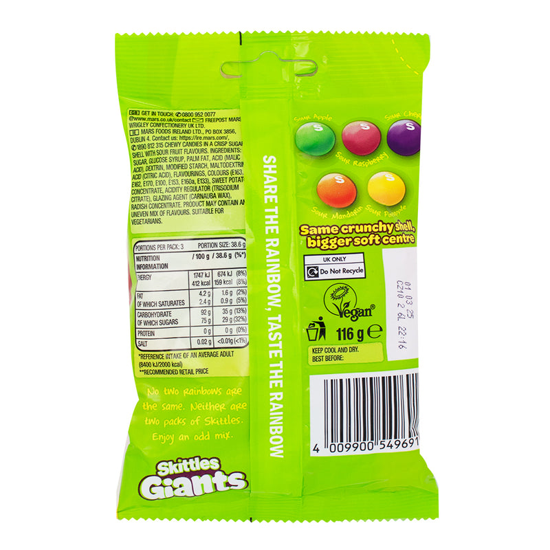 Skittles Giants Crazy Sours (UK) - 116g  Nutrition Facts Ingredients