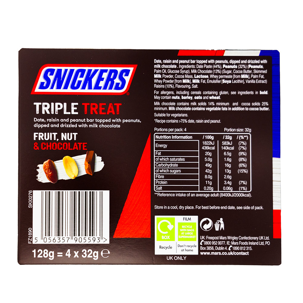 Snickers Triple Treat Fruit & Nut 4pk (UK) - 128g  Nutrition Facts Ingredients