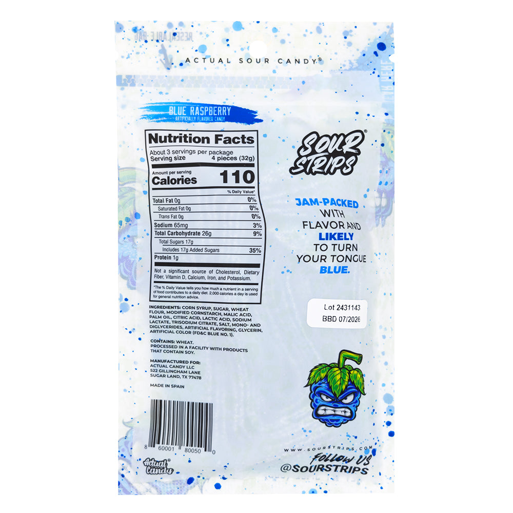 Sour Strips Blue Raspberry - 96g  Nutrition Facts Ingredients
