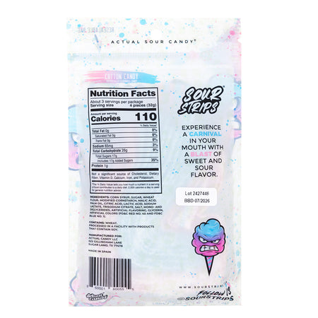 Sour Strips Cotton Candy - 96g  Nutrition Facts Ingredients
