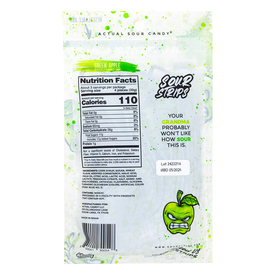 Sour Strips Green Apple - 96g  Nutrition Facts Ingredients
