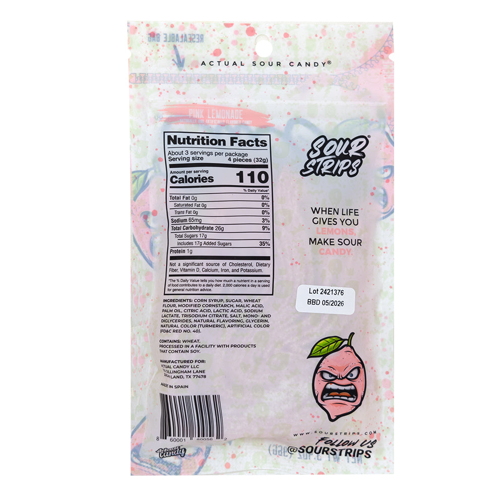 Sour Strips Pink Lemonade - 96g  Nutrition Facts Ingredients
